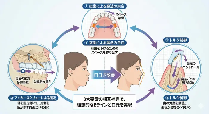 マウスピース矯正で口ゴボを改善するための3大要素。抜歯による魔法の余白、アンカースクリューによる固定、トルク制御の補完関係を示す図解