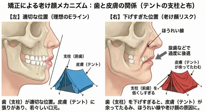 矯正による老け顔メカニズムの図解。テントの支柱（前歯）を低くしすぎると、テントの布（皮膚）が余ってたわむ様子を比較。抜歯矯正による過度な後退が、ほうれい線や皮膚のたるみの原因となる関係性を示している。