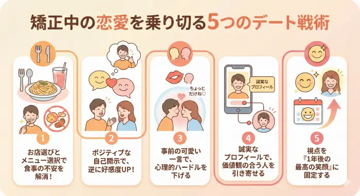 矯正中の恋愛を乗り切るための5つの戦術を示したインフォグラフィック。食事、会話、キス、アプリ、メンタルの各シーンでの具体的な対処法がアイコンと共に描かれている。