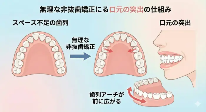 無理な非抜歯矯正によって口元が突出するメカニズム。スペース不足のまま並べると歯列アーチが前に広がる。